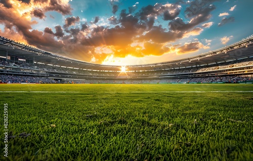 Soccer stadium with green grass field, stands full of fans and sunset sky background