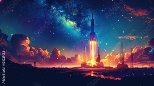 A futuristic spaceport with spacecraft launching into the cosmos against a backdrop of stars