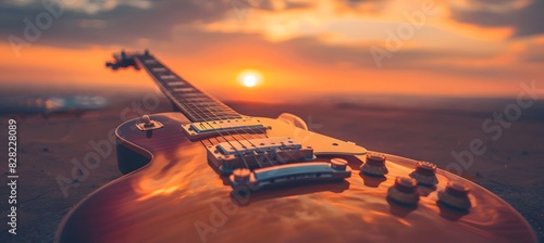 Close up of an electric guitar, with sky and sunset background