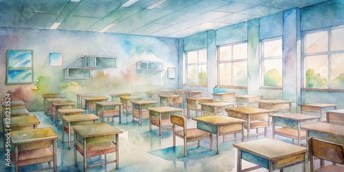Empty classroom setting with diverse student desks, textbooks, and posters in watercolor style