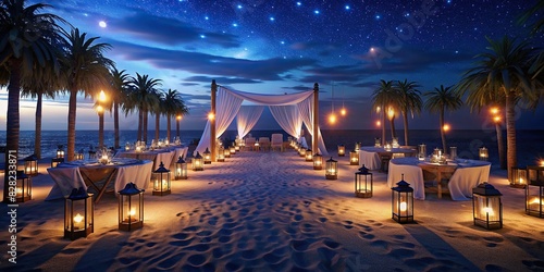 Beautiful beach wedding reception at night, glowing lights reflecting on the sand