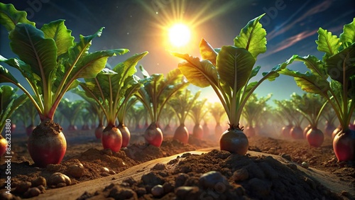 Sugar beets growing in rich soil with glow from sunlight