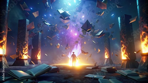 Books and papers glowing as they fly in front of a man