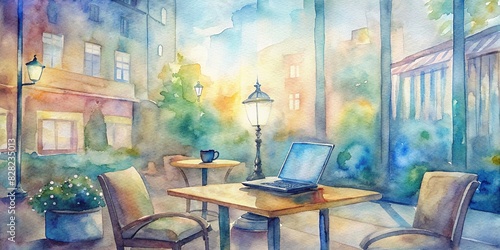 Watercolor painting of a city caf? with a laptop on the table