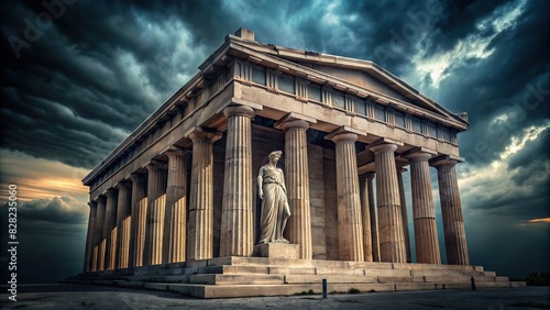 A dark minimalist landscape of ancient Greek architecture with a monumental stoic statue
