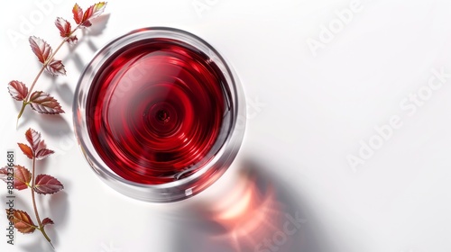 A Glass Of Red Wine Viewed From Above With A White Background.