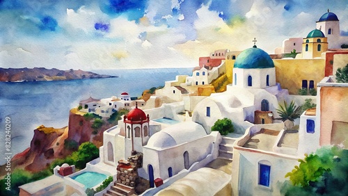 Watercolor painting of typical buildings in Oia, Santorini, Greece