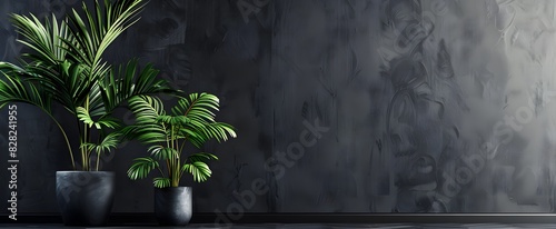 Minimalistic black background with geometric lines and plants, suitable for presentation design or social media banner