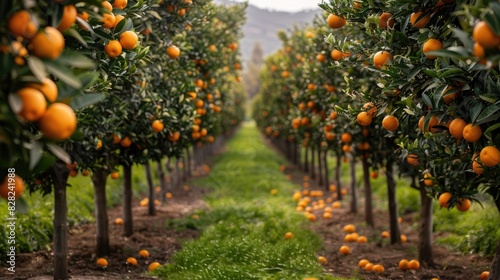 An orange orchard with rows of trees filled with ripe oranges, capturing the abundance and freshness of the harvest season
