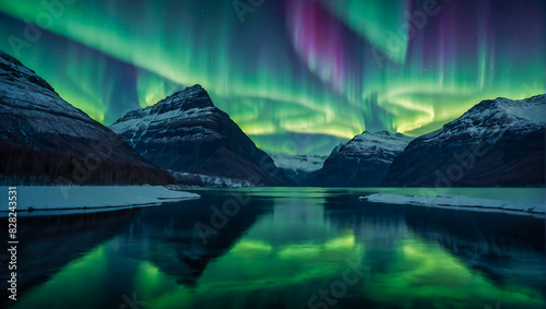 Beautiful landscape with a calm lake surrounded by mountains with the magical northern lights dancing the night sky