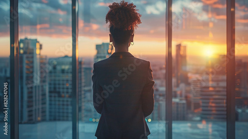 Ambitious professional standing alone in an urban office, reflecting on her career