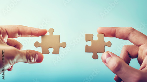 Two hands holding separate puzzle pieces on a blue background, the concept of connection and solution. Generative AI