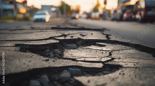 Close-up of cracked and damaged asphalt road with focus on cracks caused by seismic activity or wear and tear in an urban setting.