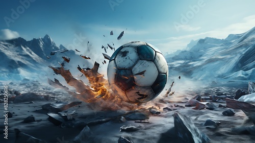 A football temporarily frozen at the peak of a powerful kick.