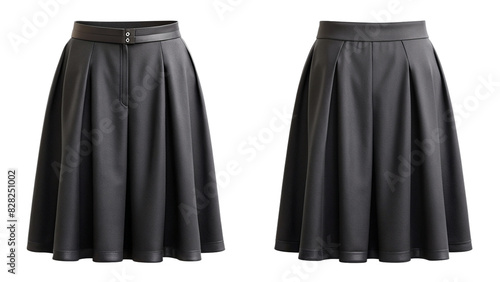 Black pleated midi skirt front and back view mockup isolated PNG on transparent background