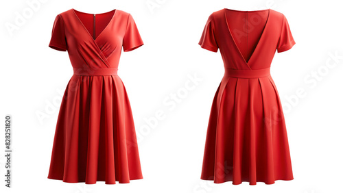 Red short-sleeve V-neck pleated dress front and back view isolated PNG on transparent background