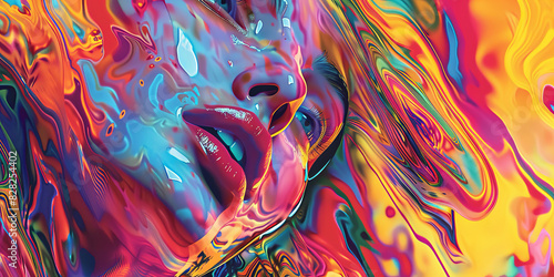 beautiful face is melting into the colorful background in the style of vibrant colors and psychedelic style, generative AI