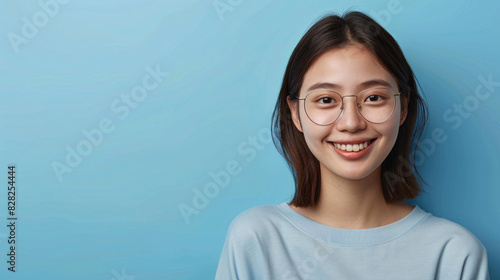 Cheerful Asian girl standing and showing copy space for a promotional message