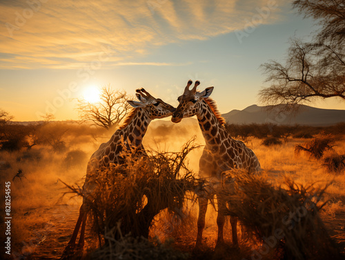 Two Adult Giraffes Engaged In A Dramatic Necking Fight On The African Savannah