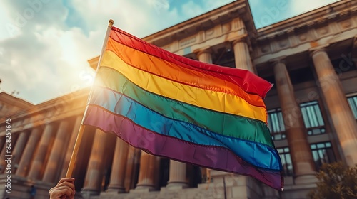 A person waving a large rainbow flag in front of a government building