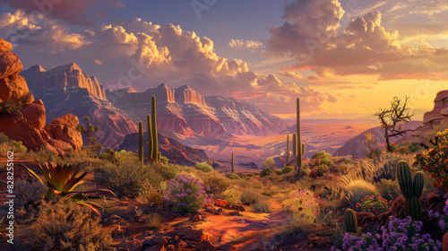 Desert flora wallpaper. Sunset Over Desert Canyon with Blooming Cacti and Wildflowers. 