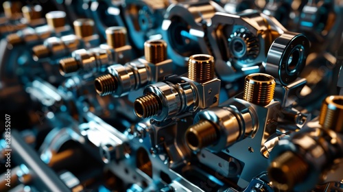 Automotive engine parts close-up display - pistons, cylinders, valves, camshafts, crankshafts