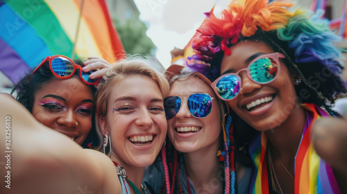 Group of friends celebrating at a vibrant street festival with colorful outfits, rainbow flags, and joyful smiles,in PRIDE month