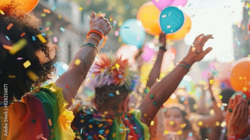 People celebrating with colorful confetti and balloons at a lively outdoor festival, capturing joy and vibrant energy in every moment.