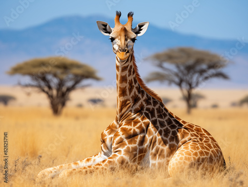 A Giraffe Sitting Gracefully On A Grassy Savanna