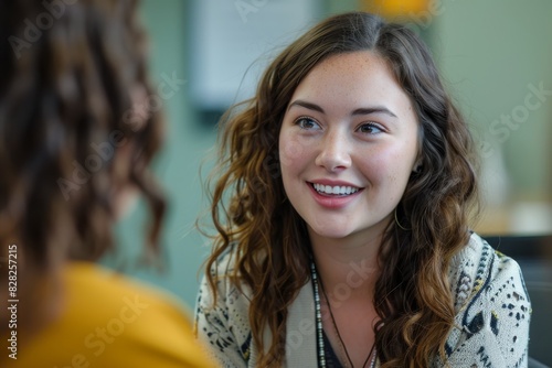 A young woman with curly hair and a bright expression engaged in a conversation