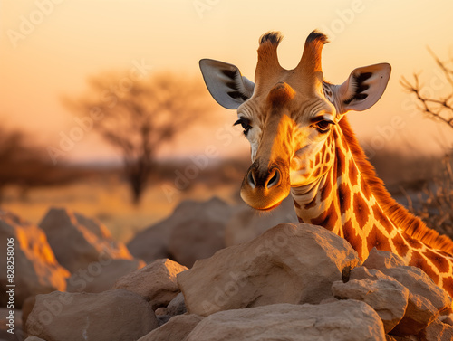 A Giraffe In A Resting Position, Leaning Against A Large Rock On The African Savannah