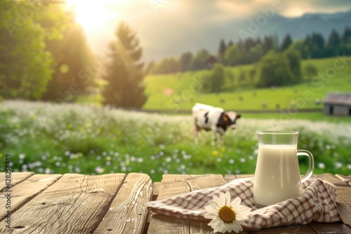 A serene rural scene with a cow next to a fresh glass of milk on a wooden table overlooking a landscape