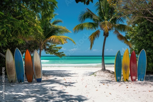Line of vividly colored surfboards standing against coconut palms on a pristine tropical beach with turquoise waters