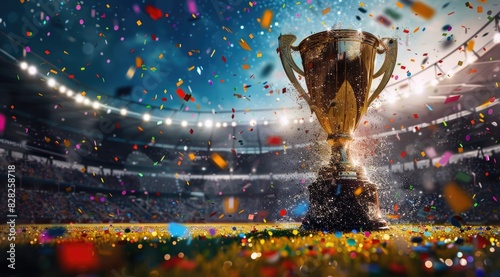 Trophy cup with colorful confetti