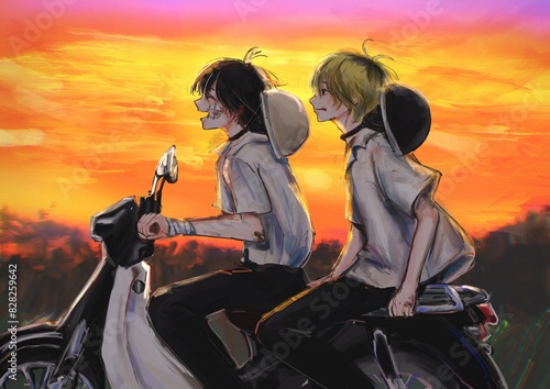 夕陽をバックにバイクで二人乗りをしている男の子