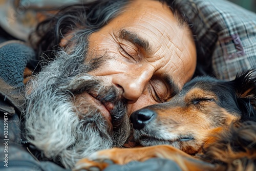 An intimate shot of a dog resting peacefully beside its owner in a cozy environment