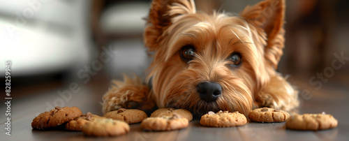 Creative food animal template. A cute yorkshire terrier dog puppy trying steal sneak cookies. copy text space 