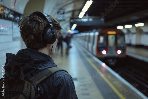 A young commuter with headphones on at a subway station as train enters