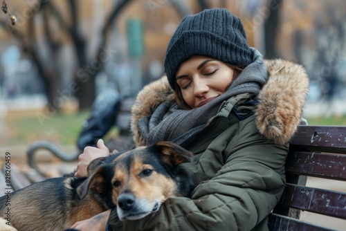 Young woman enjoying a peaceful moment while embracing her dog on a public park bench in winter