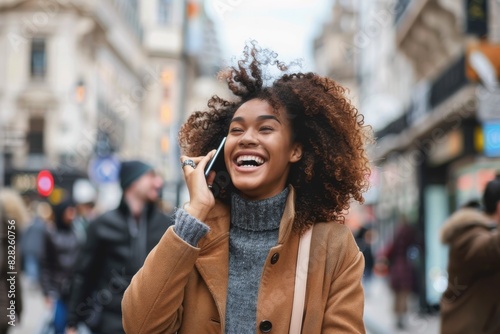 Woman chatting on the phone with a bright and joyful smile on a city street