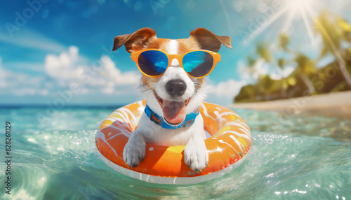 Cute funny jack russel dog with cool sunglasses in inflatable ring on ocean sea on summer vacation holiday 