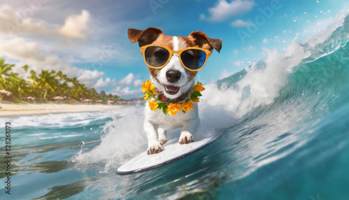 Jack russell dog surfing on a wave , on ocean sea on summer vacation holidays, with cool sunglass 