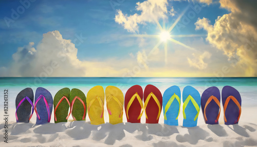 Row of colorful flip flops on beach against sunny sky 