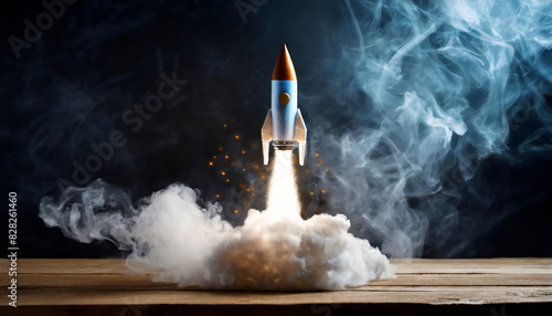 Space rocket takes off from table with smoke, creative idea. Application and optimization