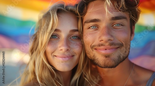 A couple taking a selfie with a rainbow flag in the background