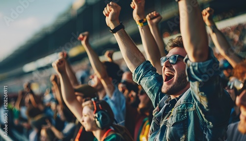 Cheering fans at the grandstand during a motor racing event, arms raised in excitement and joy