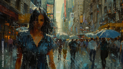 City chic A sophisticated woman gracefully strolls through a lively urban setting in a detailed, vibrant artwork.