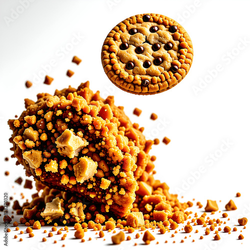 Pile cake crumbs, cookie flying isolated on white, clipping path 2048 x 2048 pixel