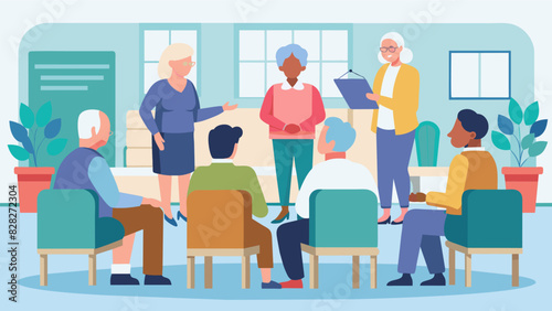 With the aging population on the rise a town hall meeting was held to discuss potential solutions and resources for better senior care.. Vector illustration