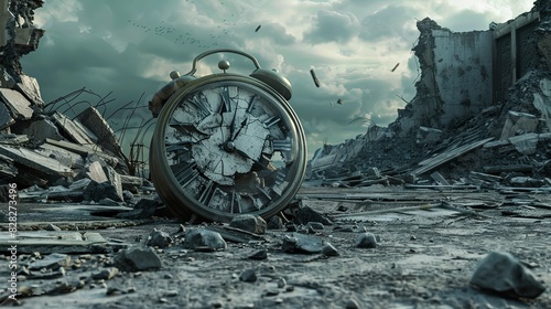 A Cracked Clock Amidst Ruins Symbolizes the Urgent Countdown of Time on Earth - Unstoppable Time's Warning